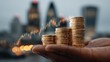 © 楠 刘 - Hand holding stack of gold coins with network reflection, blurred financial district background, realistic texture showing wealth, investment, and economy concepts