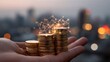 © 楠 刘 - Hand holding stack of gold coins with network reflection, blurred financial district background, realistic texture showing wealth, investment, and economy concepts
