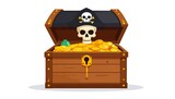 Cartoon of wooden chest overflowing with gold, pirate hat, and skull