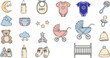 © Rawzatun - Collection of hand drawn baby items and nursery essentials in a whimsical colorful illustration style