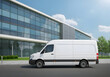 © ip - White delivery van parked beside a modern office building on a sunny day. Empty commercial vehicle beside modern office building in urban setting.