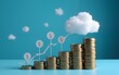 © James - Cloud computing cost symbolized by a stack of coins, rising financial graphs, and cloud icons depicting increasing expenses in digital technology. High quality