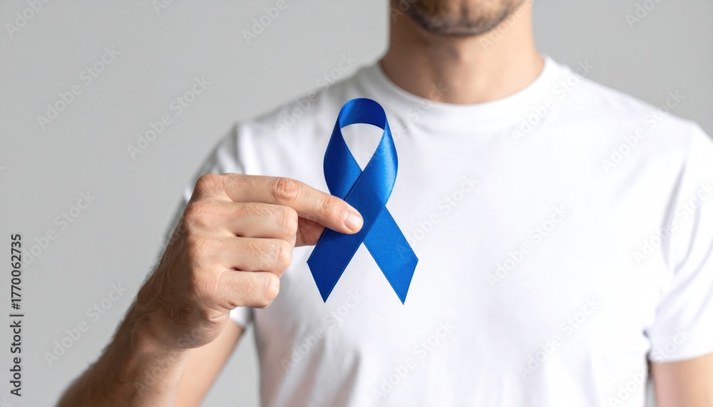 Man displaying a blue awareness ribbon as a symbol of support for ...