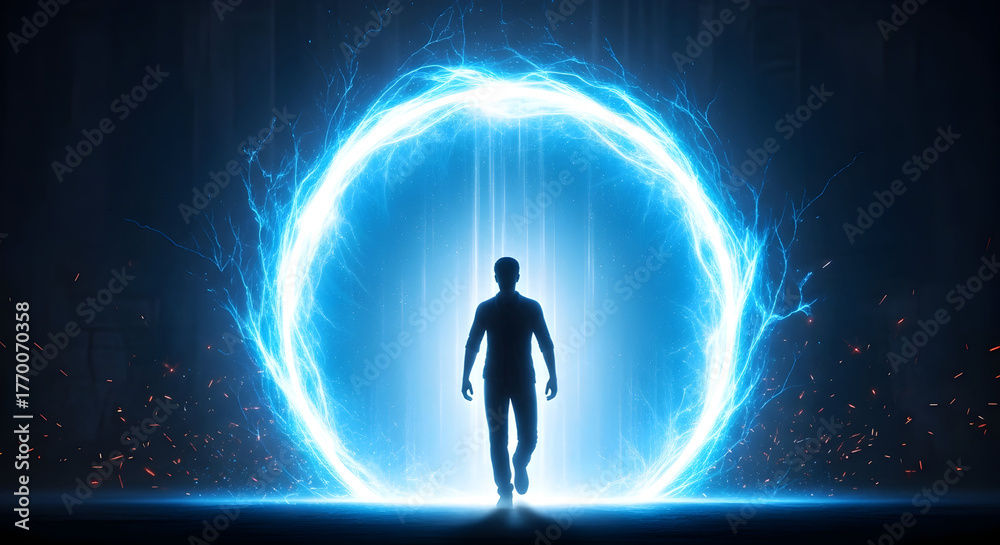 A lone figure's silhouette is seen entering a shimmering circular ...