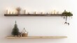© we3_food - Two wooden shelves mounted on a white wall display festive Christmas decorations including candles, a tree, and star ornaments.