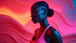© Viktor - Side face portrait of sporty lady on pink wavy abstract backdrop. Confident ethnic female model poses in pink sportswear. Beauty concept. Dark skinned girl in studio. Wellness trend.