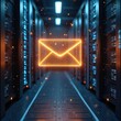 © Viktor - Abstract glowing envelope floats in a modern server room hallway. Digital data streams around it, suggesting fast electronic mail transfer. Futuristic tech for communication and data storage.