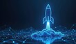 © Viktor - Digital illustration of rocket launch on dark blue tech background. Glowing connected dots, lines represent rapid growth concept. Low poly wireframe art digital growth with arrows up, abstract
