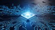 © Anwar - Closeup of a glowing blue central processing unit cpu chip with intricate circuitry and illuminated pathways, representing advanced technology and digital innovation in a futuristic concept