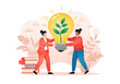 © Md - Two businesswomen collaborate to hold a large lightbulb with a plant inside, isolated on transparent background, symbolizing green energy