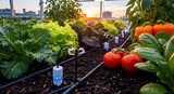 Rooftop urban farm with vegetables and automated sprinklers using smart sensors.