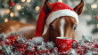 © syhin_stas - horse wrapped red santa cap in tinsel holding a tiny mug of hot drink with hooves, festive chaos around, funny Christmas meme, copy space,