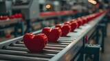 Red Heart Boxes Moving on Conveyor – Love and Production Concept