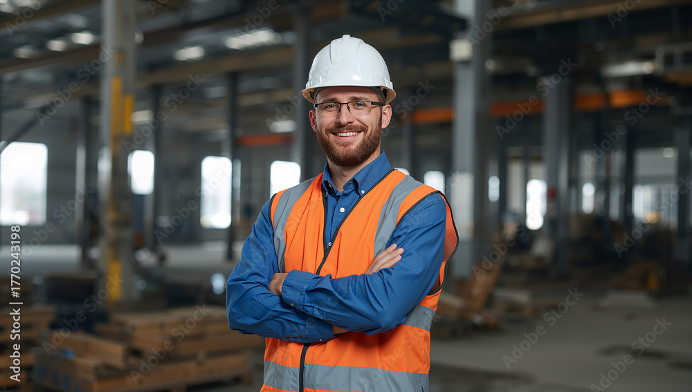 Smiling construction worker in a hard hat and safety vest at a building ...