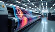 © Maryna - Large format printer creates colorful image with woman face and flowing hair. Industrial printing machine in factory produces vinyl graphic on paper roll. Modern technology in production.