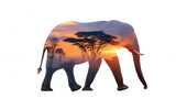 Elephant double exposure with a vibrant african sunset and acacia tree, and conservation nature wildlife symbolizing