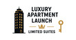 © Design Ful - Flat vector banner design text LUXURY APARTMENT LAUNCH LIMITED SUITES supporting icons of tower crown and key black and gold palette isolated on white marketing approved bright palette with
