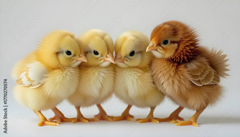 Four yellow chicks standing together on the left side of the frame ...