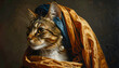 © Arif - An elegant tabby cat in a classic historical art parody, wearing a large pearl earring and a golden turban