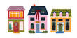 © luamor - Winter holiday Christmas houses in cartoon groovy style with decorations, festive wreaths, snow, garland and Christmas tree. Cozy winter outside retro house interior. Vector illustrations