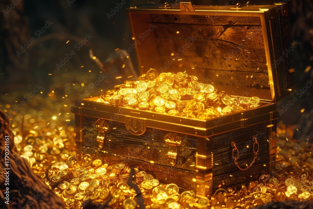 Stock-Foto „Open treasure chest overflowing with countless gold coins ...