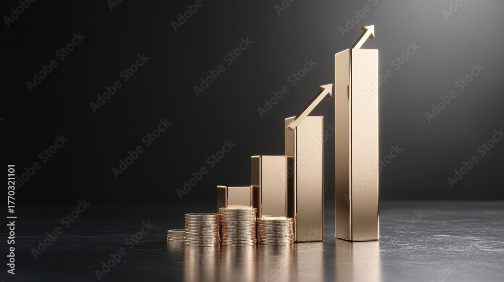 Financial Growth Chart with Gold Bars and Coins on Dark Background ...