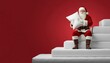 © Ekaterina - Christmas promotion. Santa Claus sitting on a pyramid of mattresses holding a white orthopedic pillow on dark red background