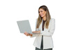 © PeopleVideos - Professional woman standing, smiling and typing on a laptop, working remotely, transparent background