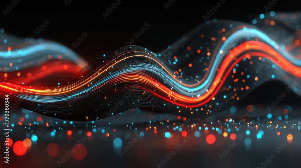 Neon waves flow smoothly against a black backdrop, illuminated by vibrant red and blue lights. Tiny glowing particles dance through the air, creating a dynamic and energetic atmosphere.
