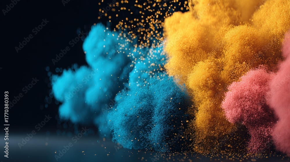 Vivid colored powders in shades of blue, yellow, and pink burst into the air, creating dynamic clouds against a dark background. The scene captures the beauty of motion and color.