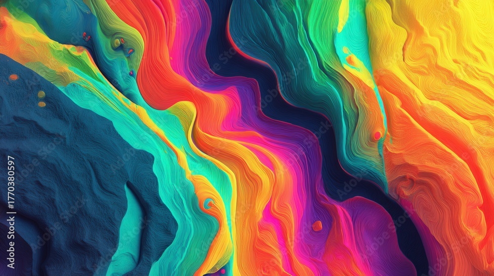 Vivid colors blend and flow together in a stunning abstract scene, showcasing a dynamic interplay of shapes and shades. The artwork captures a sense of movement and creativity.