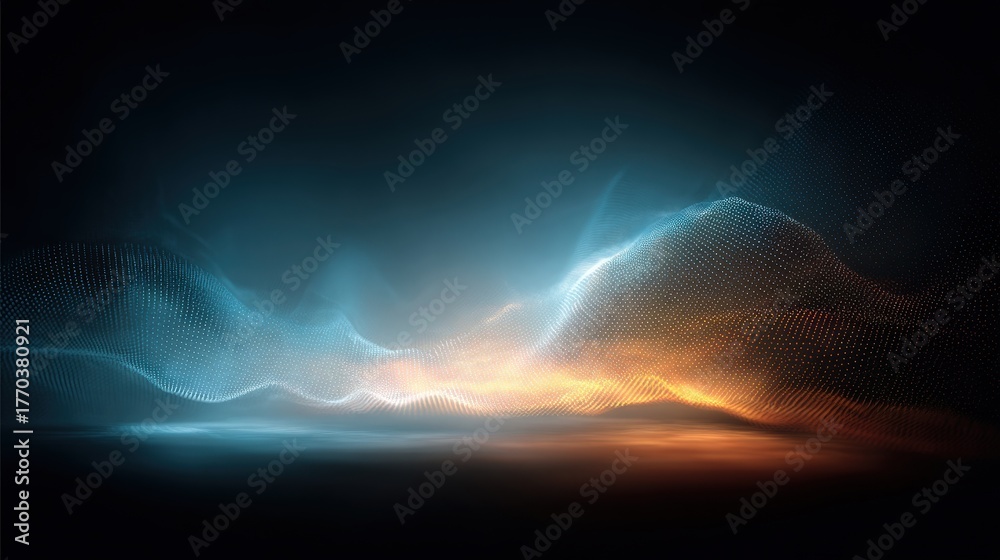 Vibrant wave patterns made of light in blue and orange hues create a dynamic scene. The glowing display looks modern and sophisticated, evoking a sense of motion and energy.