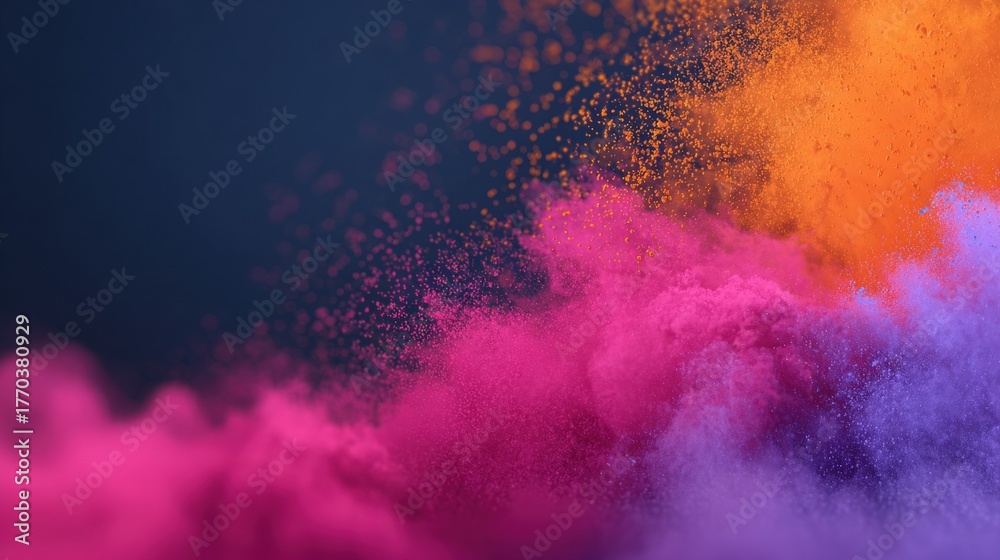 Colorful clouds of pink, purple, and orange powder burst into the air, creating a lively atmosphere at a festival or celebration. The scene is filled with joy and excitement.