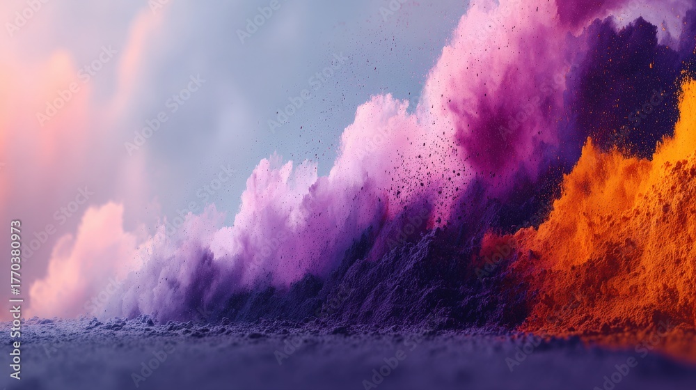 Vibrant clouds of purple and orange dust swirl across a sandy terrain under a colorful sky at sunset. The scene captures the dynamic interplay of colors and textures in nature.
