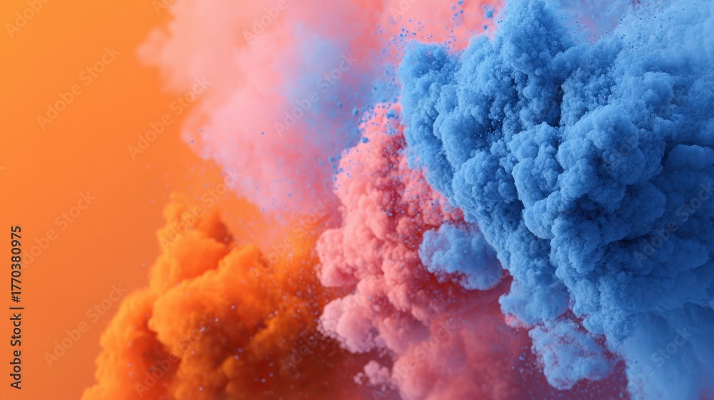Vibrant swirls of blue, pink, and orange smoke fill the background, creating a lively and dynamic scene. This colorful display showcases the beauty of smoke art in a unique way.