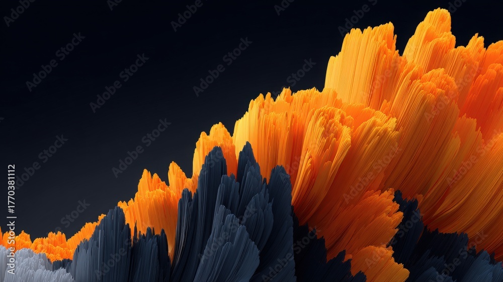 Vibrant layers of orange and dark textures create an abstract landscape. The contrasting colors blend seamlessly, resembling a dramatic sunset over a rugged terrain.