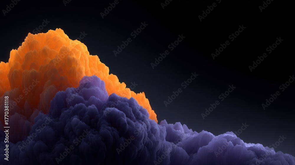 A striking scene shows colorful clouds illuminated in orange and purple tones against a dark backdrop, resembling a magical moment during dusk. The vibrant colors contrast beautifully.