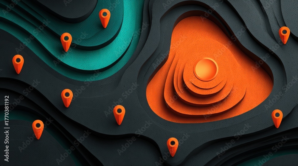 A colorful abstract landscape with layered designs in green and black. Bright orange map markers are scattered across the terrain, creating a striking contrast.
