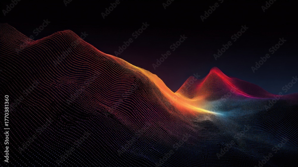 Bright colors flow across a digital terrain, forming smooth, undulating waves against a dark background. This scene evokes a sense of movement and depth.