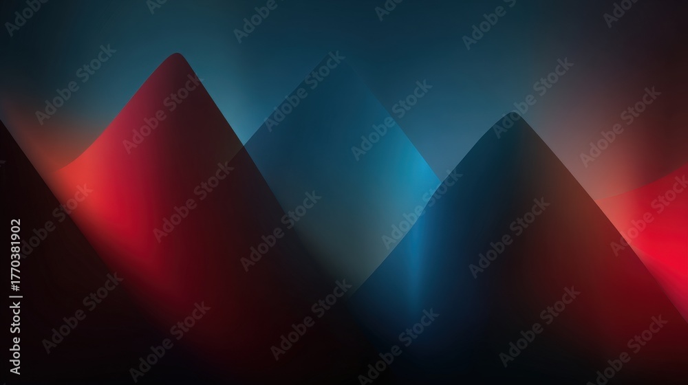 Vivid mountains rise against a dark background, blending shades of blue, red, and black, creating a captivating and atmospheric view that evokes a sense of mystery and depth.