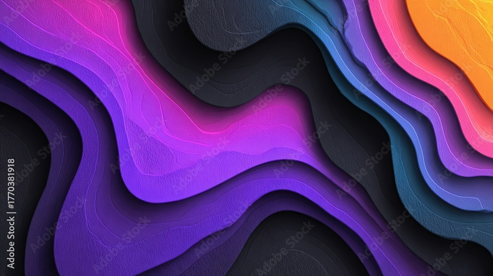 This artistic design showcases flowing wave patterns in vibrant colors like purple, pink, and orange. The smooth curves intertwine against a dark background, creating depth and movement.