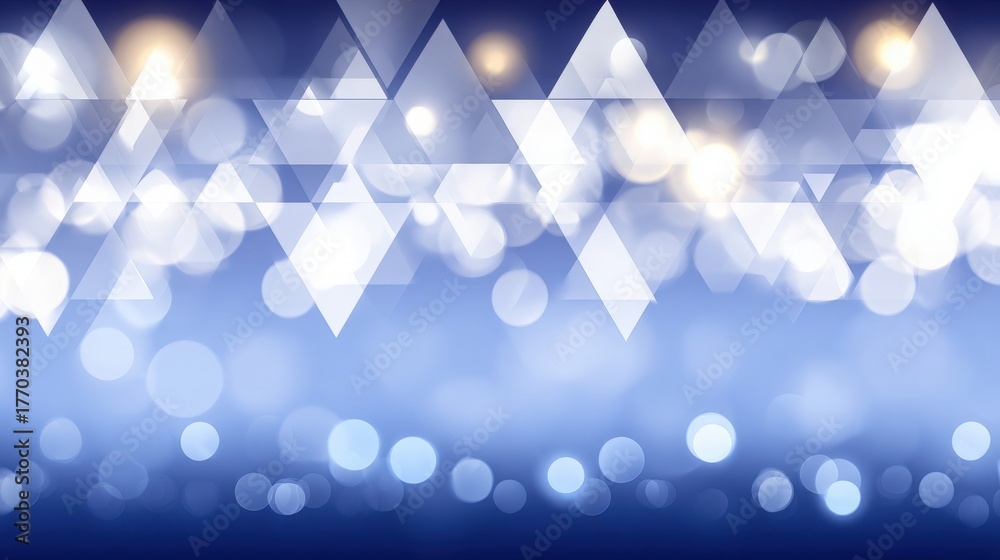 Geometric shapes in a calming blue background create a dreamy atmosphere filled with shimmering lights. The mixture of shapes offers a modern, stylish appearance suitable for various themes.