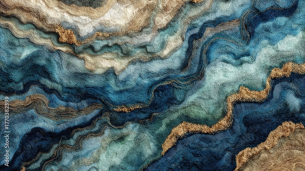 The artwork showcases flowing waves of blue, gold, and beige, creating a dynamic abstract scene. The textures and variations in color give depth and movement, resembling natural water formations.