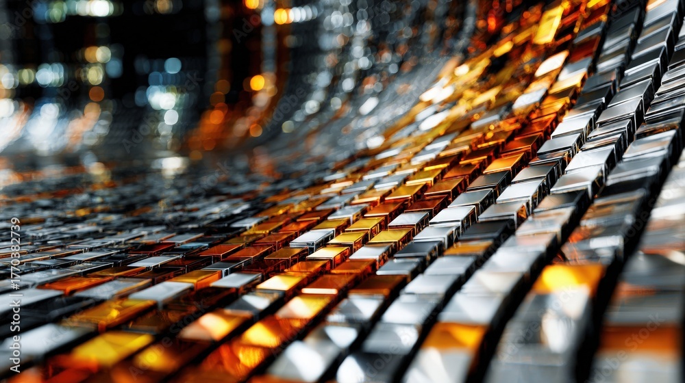 A mesmerizing surface made of small metallic tiles in shades of orange and silver. The tiles create a wave-like pattern, reflecting light and enhancing the visual appeal.