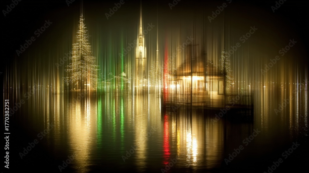 Bright lights from buildings and trees shimmer on calm water at night. The skyline features a tall spire and a small dock with a warm glow. Festive colors create a magical atmosphere.