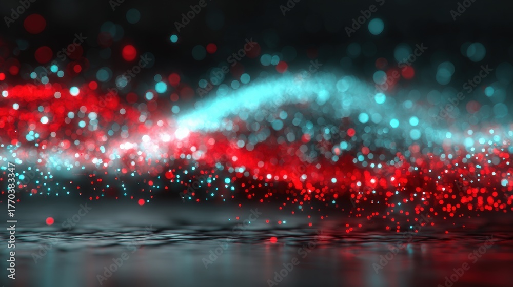 This artwork features an abstract representation of light waves, combining red and blue colors. The bright dots create a lively effect, evoking a sense of motion and energy.