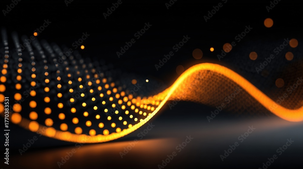A glowing orange wave flows smoothly through a dark background, creating an artistic contrast. Dots of light enhance the waves movement, adding depth and intrigue to the scene.