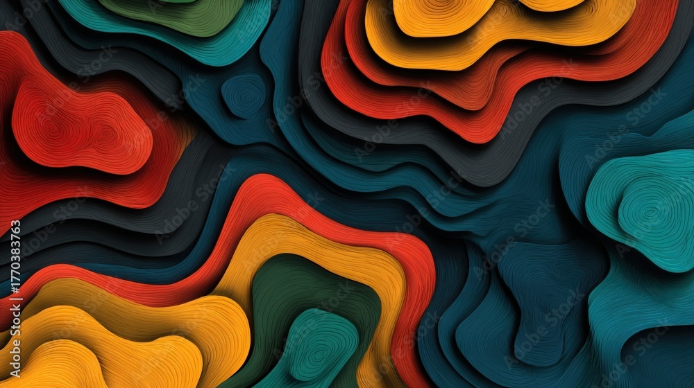 Dynamic layers of vibrant colors create an abstract pattern that flows and intertwines. The shapes shift between lush reds, greens, yellows, and blues, forming an engaging visual texture.