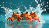 Three cute orange crabs with big blue eyes emerge from a water splash. Playful cartoon crustaceans smile, look forward. Fun marine animals for kids. Summer sea concept, ocean wildlife background.