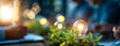 © Star - Innovative ideas bloom in sustainable environment with glowing light bulb surrounded by greenery
